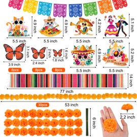 70 Pcs Day of The Dead Decoration Set Ofrenda Decorations for Altar 31 Marigold Flowers Garland 24 Dia De Los Butterfly 14 Day of The Dead Hanging Swirl Decorations,59 x 84 in Mexican Tablecloth