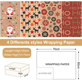 Christmas Wrapping Paper, 8Pcs Recycled Kraft Paper 70x50CM with 4 Vintage Designs (1 Gift Sticker, 1 Double-Side Tape, 2 String) for Gift Boxes Festival Decoration Mens Girls Boys