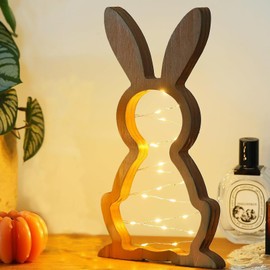 JINGTOPS LED Osterhase Holz, Modern Osterdeko aus Holz, Dekorativer Holz Osterhase zum Hinstellen mit Lichterkette Osterbeleuchtung Dekohase Lampe Oster Deko Garten Drau?en Innen Osterdeko Tisch (21x11.5cm)