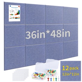 Large Felt Cork Board for Wall - 48"x36" 12 Pack 11.8"x11.8" Light Blue Bulletin Board Tiles with 60 Safe Removable Adhesive Tabs and 60 Push Pins, Corkboard Alternative for Wall Office Home