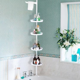 GarveeHome Corner Shower Caddy Tension Pole, Rust-Proof 4-Tier Adjustable Shelves Bathtub Storage Organizer with Rubber Pad, 101.6 in -122 in Adjustable Shower Corner Organizer, White