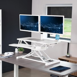VIVO Height Adjustable 32 inch Standing Desk Converter with Dual 13 to 30 inch Monitor Stand, Sit Stand Monitor Mount and Desk Riser, White, DESK-V000K-M2W