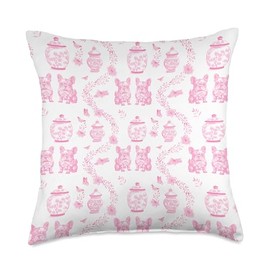 Preppy Pink Toile French Bulldogs, Frenchie Throw Pillow