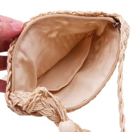 WANGCL Women Summer Beach Straw Bags With Tassel Mini Straw Handbags With Zipper Weave Handmade Crossbody Bag Bohemian Shoulder Purse（Beige）