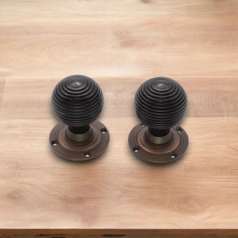 Infinity Decor Ebonised Wooden Beehive Rim Mortice Door Knobs Brass