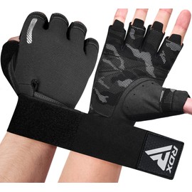 RDX T2 Half Finger Gym Gloves with Long Wrist Support, Weight Lifting, Full Palm Grip, Stretchable Wrist Wraps, Fitness Workout Bodybuilding Powerlifting Gym Training Cycling Gloves (Black, M)