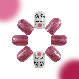 Christmas Press on Nails Short Square Fake Nails Pink Glitter Nails Press ons Glossy Glue on Nails Cute Acrylic Nails with Elk Designs Artificial Stick on Nails for Women 24 Pcs