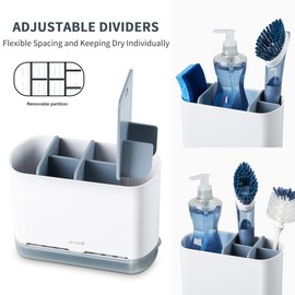 JOMOLA Dish Brush Caddy for Kitchen Sink Toothbrush Holders for Bathrooms Sink Sponge Holder Kitchen Counter Scrub Soap Brush Organizer Sinkware Caddy with Drain Tray Dividers (Gray)