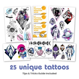 Savvi - 25 Space Temporary Tattoos: Skin-Safe Ink, Box Set Includes Tattoo Remover Wipes, Great for Parties or Everyday Wear, Gifts for Boys and Girls Ages 4-12+ [5 sheets, 25 count]