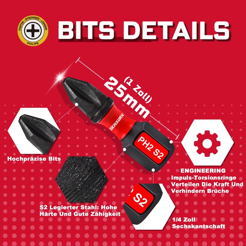 Geinxurn 68-Piece Impact Resistant Screwdriver Bit Set (PH, TX, PZ,