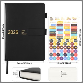 Thboxes 2026 Diary A5 Page A Day, 12 Month Full Year Daily Planner from Jan. 2026 to Dec. 2026, Hardcover Organiser Journal Notebook with 4pcs Stickers for School Home Office, 21×14 cm (Black)