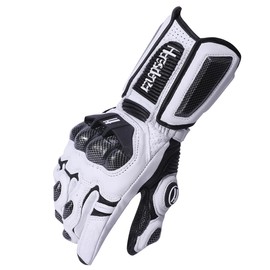 Harssidanzar Leather Motorcycle Gloves for Men and Women,Powersports Carbon Fiber Knuckle Protection Motorbike Gloves KM045CA,White/Black,Size XL