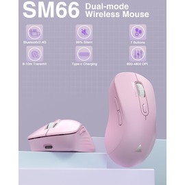 SOLAKAKA SM66 Pink Silent Dual Mode 2.4GHz Wireless Mouse, Adjustable 4200 DPI,Rechargeable Wireless Computer Mouse for PC Mac Laptop, Desktop