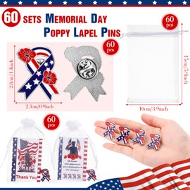 Tondiamo 60 Sets Memorial Day Poppy Lapel Pins Bulk with Patriotic Star Thank You Cards Striped Flag Flower Brooch Veterans Day Badge Souvenir for Soldier Appreciation Gift