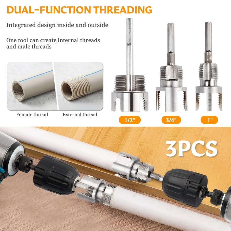 3Pcs PVC Pipe Threader Kit, 1/2, 3/4 and 1 Inch