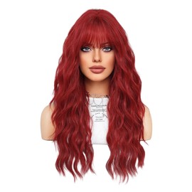 KAMIMASU Bright Red Wigs Long Curly Synthetic Full Machine Made Wig Hot Red Wig For Women Long Wavy No Lace Wig Heat Resistant Wig Free Part Wig Makeup Replacement Full Wig 24"