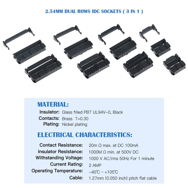 Glarks 70Pcs 2.54mm Pitch Dual Rows IDC Sockets 10 16