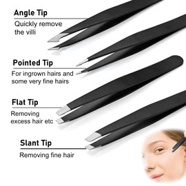4Pcs Professional Tweezers for Facial Hair, Stainless Steel Precision Tweezers and Pointed Tip Hair Tweezers Set for Ingrown Hair, Black Color Coated Eyebrow Tweezers for Women & Men