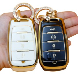 CHQLPBF 2pcs for Dodge RAM Key Fob Cover with Keychain, Soft TPU Key Fob Protector Shell Compatible with 2019-2022 Dodge RAM 1500 2500 3500 4500 5500 4 Button Smart Key Case(Black White)