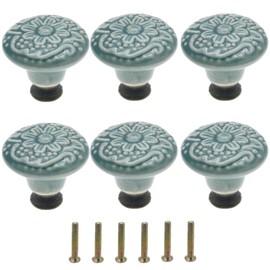 Mimhooy 6Pcs Ceramic Drawer Knobs Vintage Cabinet Pulls, Retro Dresser Knobs, Decorative Flower Knobs for Cupboards & Draws Blue, Furniture Pull Handles
