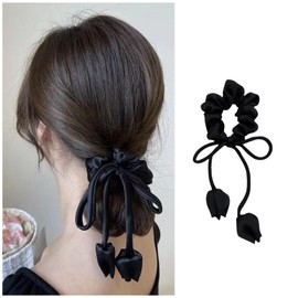 Vacaonio French Ribbon Flower Hair Scrunchies Satin silky Elastic Hair Tie Black Tulip Flower Hair Rope Band Ponytail Holder Scrunchies Rope Decorative Hair Accessories for Women and Girls Headdress