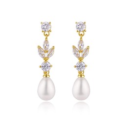 Pearl Earrings for Women, 14k Gold Plated Dangle Pearl Diamond Earrings Bridesmaids Brides Wedding jewelry for Women