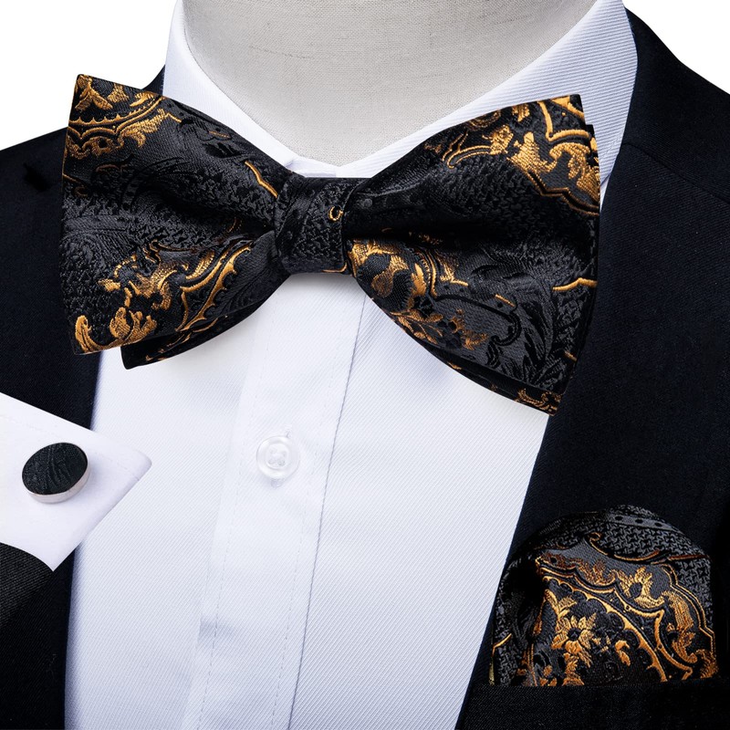 DiBanGu Mens Black and Gold Pretied Bow Ties Floral Bowtie