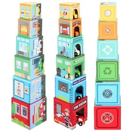 SOKA 12pcs Stacking and Sorting Cubes Wooden Balancing Buildings & Vehicles Fire Engine Police Car Ambulance Educational Blocks Toy Set Gift for Kids Children Boy Girl Ages 12 month old +