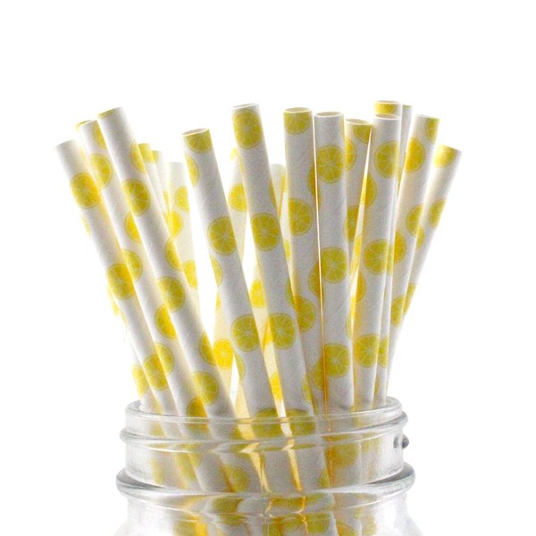 IPALMAY Lemon Patterned Drinking Paper Straws, Disposable Biodegradable, 7.75 Inches,