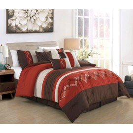 Chezmoi Collection Arden 7-Piece Modern Pleated Stripe Embroidered Zigzag Bedding Comforter Set (Queen, Spice/Brown/Coffee Cream)