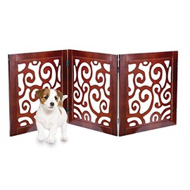 Safety Pet Gate for Dogs – Free-Standing & Foldable - Decorative Scroll Wooden Fence Barrier – Stairs & Doorways (Black)