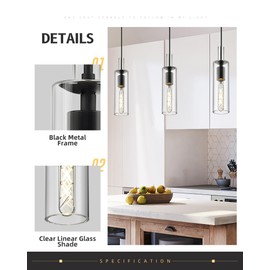 AUTELO 2 Pack Pendant Lights Kitchen Island, Modern Black Pendant Lights, Cylinder Glass Pendant Light Fixtures, Kitchen Pendant Lighting Over Island, H3875 BKNR-2PK