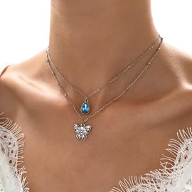 Wendalern Boho Layered Butterfly Necklace Blue Crystal Teardrop Pendant Necklace Layering CZ Butterfly Chain Necklace Dainty Diamond Butterfly Teardrop Necklace Jewelry for Women Girls