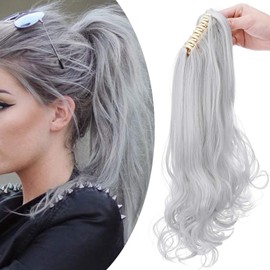 Long Straight Claw On Ponytail Extensions Soft Curly Wavy Ponytail Hairpieces Synthetic For Women Ladies 18" Inch, Silver Grey