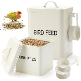Reallnaive 2 Pcs Metal Bird Seed Container with Scoop, White Bird Feed Storage Container with Fitted Lid, Ideal Gift for Birds and Pet Owners