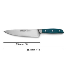 Arcos Forged Chef Knife in Stainless Steel. Professional 8 Inch Kitchen Knife with Micarta Blue Handle & Special Silk Edge. Series Brooklyn