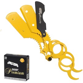 G4 Vision Universal Replaceable Half Blade Straight Razor with 100 blades, Professional Double Ring Barber Single Edge Shave Razor (Yellow)