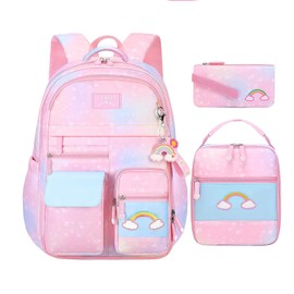 GDEMXOAN 3pcs Girls Backpack, Kawaii School Backpack For Kids Children With Lunch Bag and Pencil Case (rainbow, pink)