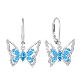 YL Women's 925 Sterling Silver Butterfly Dangle Drop Earrings Created Aquamarine Leverback Jewelry