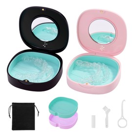 2 Pack Retainer Case with Vent Holes, Mirrors,Compatible with Invisalign,Night Guards,and Mouth Guards Case - Includes Storage Bag,Slim Aligner Remover Tool,Chew & Brush,Travel Essentials Black Pink