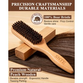 100% Boar Bristle Slick Back Hair Brush | Natural Peach Wood Handle | Restores Shine, Controls Frizz, Smooths Flyaways | Teasing Adds Volume Styling Tool | For Sleek Ponytails, Buns & Beard Grooming