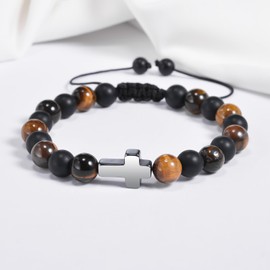 VGWON Christian Gift, Christening Gifts Boys Bracelet, Natural Obsidian Tiger's Eye Stone, Black Gallstone Cross Bracelet, Stainless Steel, No gemstone