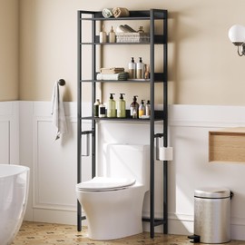 MAHANCRIS Over The Toilet Storage Rack, 4 Tier Bathroom Organizer Over Toilet, Freestanding Space Saver Toilet Stand with 2 Hooks, Bathroom Storage Shelf, Easy to Assemble, Black TSHB0401