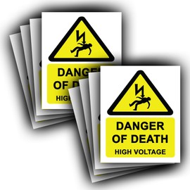 Danger of Death High Voltage Stickers - 8 Pack - Waterproof Vinyl - 110mm x 90mm Electrical Hazard Notice 240v