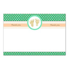 30 Blank Thank You Cards Notes Baby Shower Footprints Green Gold + 30 White Envelopes