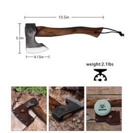 WICING 13.5 Inch Hatchet, Camping Axes and Hatchets 1065 Carbon Steel and Beech Handle, with Leather Sheath