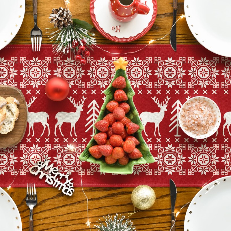Artoid Mode Red Reindeers Christmas Table Runner, Seasonal Winter Merry