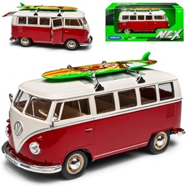 Welly Volkwagen T1 Rot Weiss mit Surfbrett Samba Bully Bus 1950-1967 1/24 Modell Auto