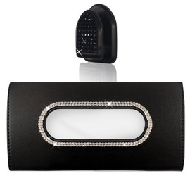 Dermasy Hanging Car Sun Visor Tissue Box Holder, Sparkly Crystal PU Leather Napkin Case Holder Bling Accessory for Women and Ladies (Black and White)