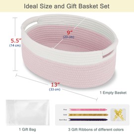 BOSROTY Small Woven Basket with Gift Bags and Ribbons, Empty Baby Gift Baskets, Shelf Storage, Small Cat Dog Pet Toy Boxes, 13”x 9”x 5.5”, Light Pink